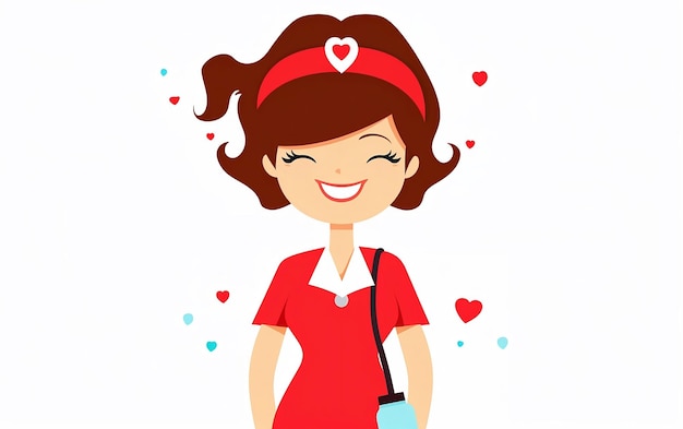 Kreskówka przedstawiająca pielęgniarkę ubraną w czerwoną sukienkę i czerwone serce na głowie Dzień pielęgniarki
