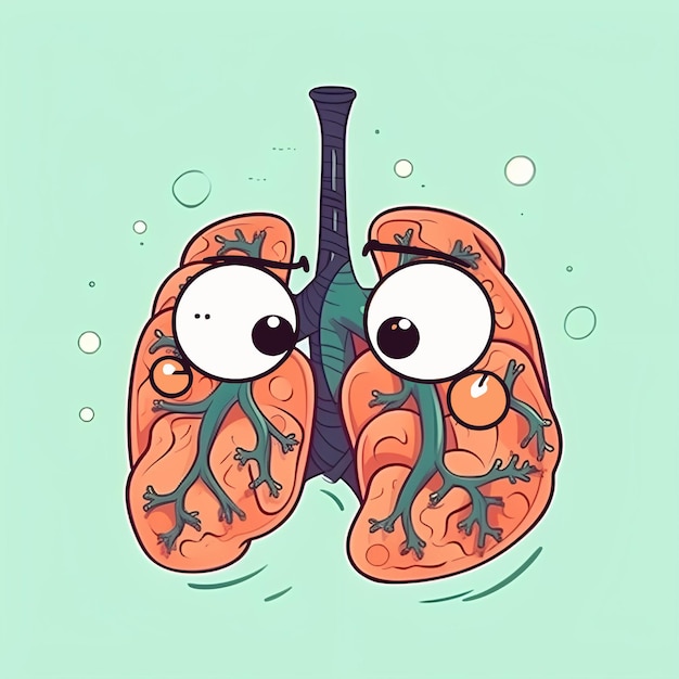 Zdjęcie kreskówka przedstawiająca płuca z dwojgiem oczu i zielonym tłem