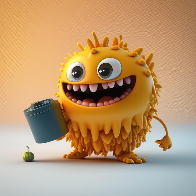 Kreskówka przedstawiająca potwora trzymającego kubek kawy.