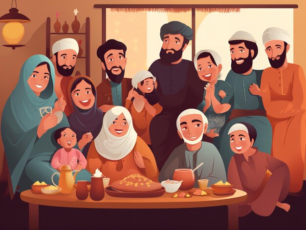 Kreskówka przedstawiająca rodzinę świętującą posiłek.
