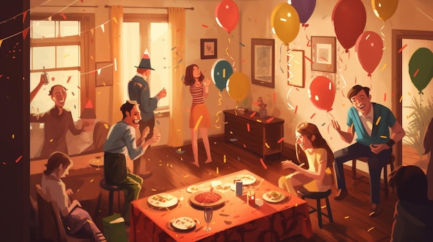 Kreskówka przedstawiająca rodzinę świętującą urodziny z balonami i konfetti.