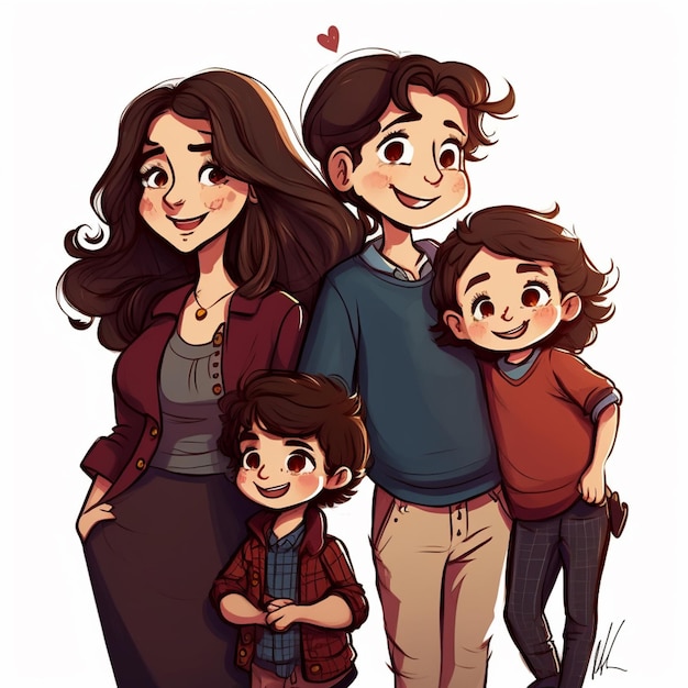 Kreskówka przedstawiająca rodzinę z chłopcem i dziewczynką.
