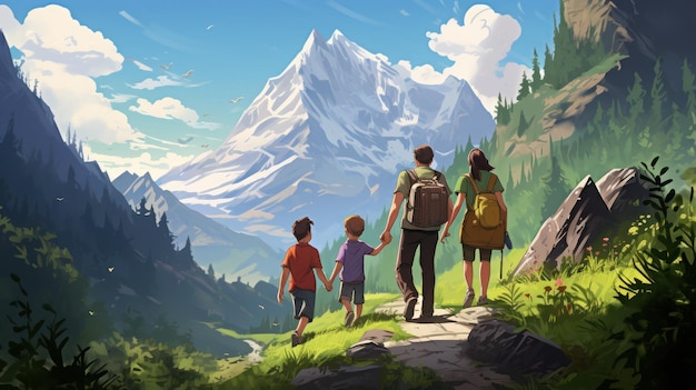 kreskówka przedstawiająca rodzinną wędrówkę razem w górskim lesie