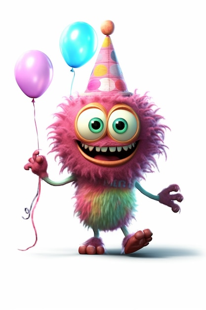 Zdjęcie kreskówka przedstawiająca różowego potwora w imprezowym kapeluszu trzymającego balony.