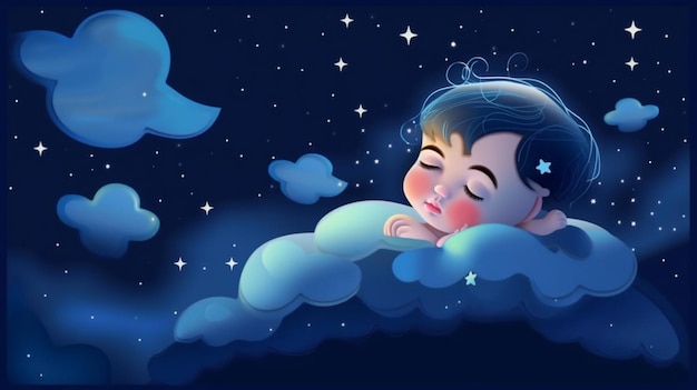 Kreskówka przedstawiająca śpiące dziecko z chmurą i napisem „spać”.