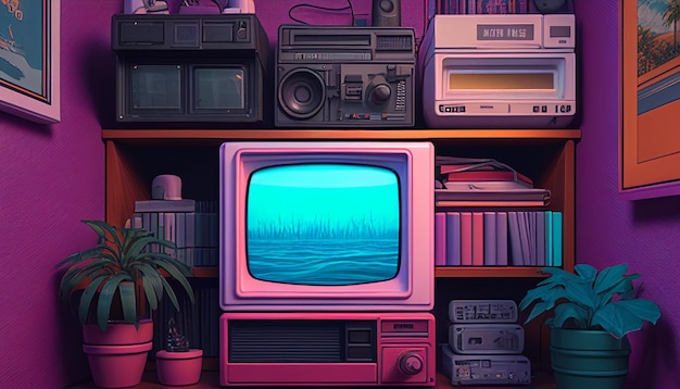 Kreskówka przedstawiająca telewizor z różowym ekranem z napisem „morze”.
