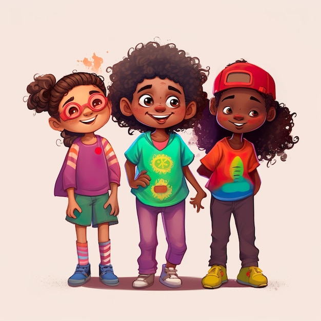 Kreskówka przedstawiająca troje dzieci, z których jedno ma na sobie kapelusz, a drugie zieloną koszulę z napisem „Szczęśliwy”.