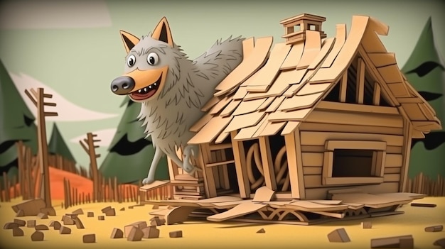 Kreskówka przedstawiająca wilka stojącego przed zepsutym domem.