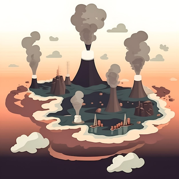 Kreskówka przedstawiająca wulkan z wydobywającym się z niego dymem