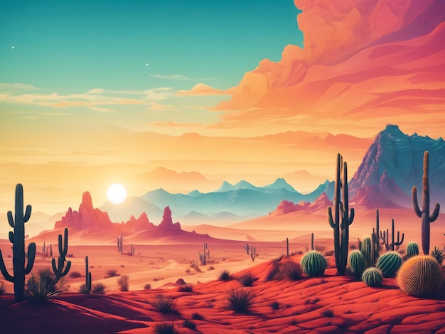 Kreskówka pustynny krajobraz z kaktusowymi wzgórzami, słońcem i sylwetkami gór