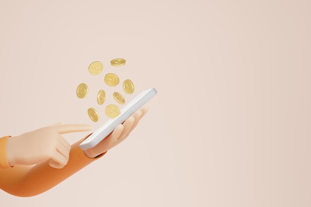 Kreskówka ręce trzymając smartfon z latającymi monetami dolarowymi na pastelowym pomarańczowym tle Koncepcja bankowości internetowej 3d render ilustracja
