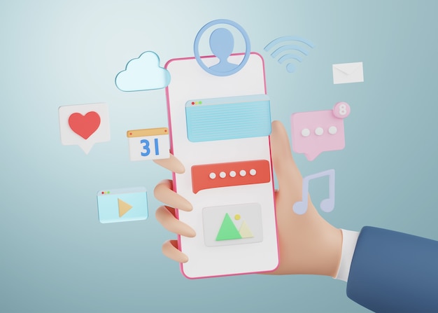 Kreskówka ręka trzyma smartphone z ikoną aplikacji mediów społecznościowych. renderowanie 3d