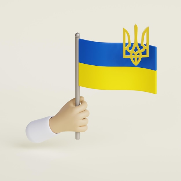 Kreskówka ręka trzymająca flagę Ukrainy i trójząb Symbole narodowe renderowania 3D ilustracji