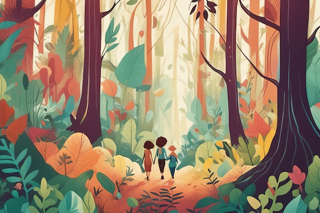 kreskówka scena leśna z piękną dziewczyną i chłopcem z drzewami
