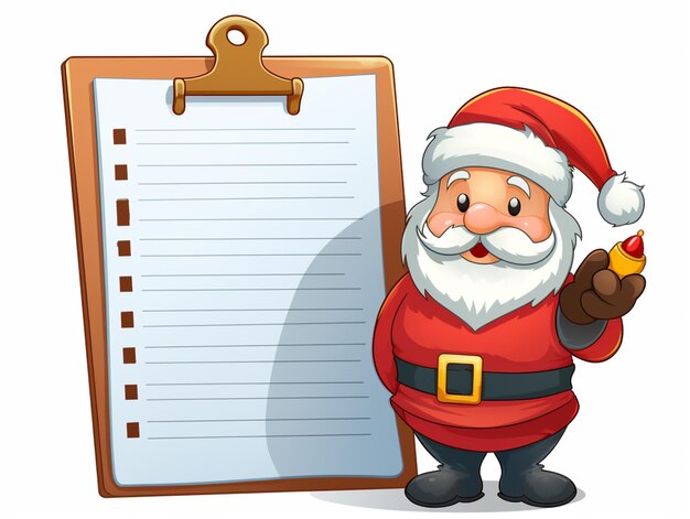 kreskówka Święty Mikołaj trzymający dzwonek i schowek z listą generatywną ai