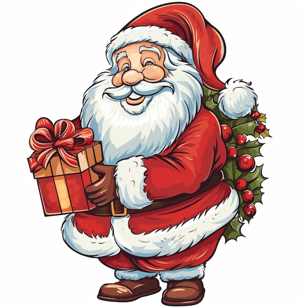 kreskówka Święty Mikołaj trzymający prezent z liśćmi holly i czerwonym łukiem generatywny ai