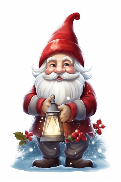 kreskówka Święty Mikołaj z latarnią i holly berry generative ai