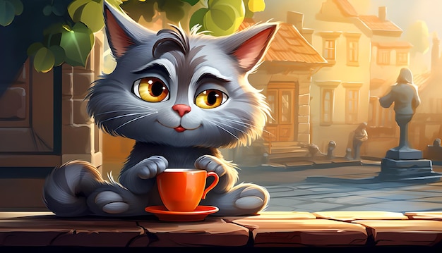 Zdjęcie kreskówka szary kot pijący kawę z kubka na zewnątrz