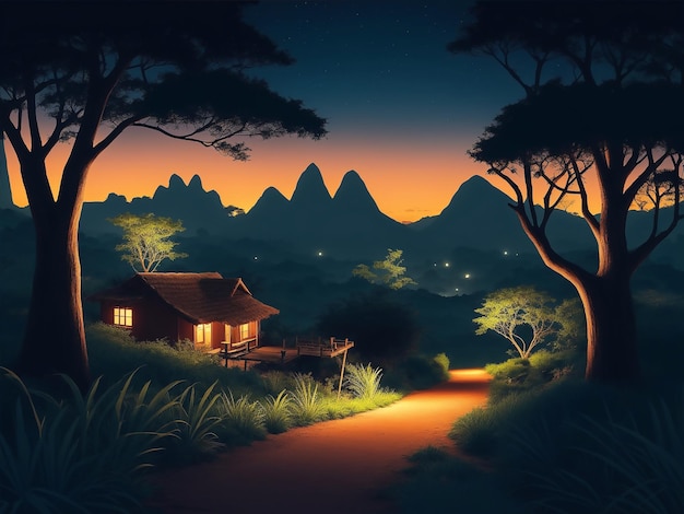 Kreskówka tło Piękna przyroda z leśną chatą na wzgórzu niebo nocna droga wędrówkowa AIgenerated