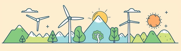 kreskówka turbiny wiatrowej zasilanej energią słoneczną z drzewami na tle