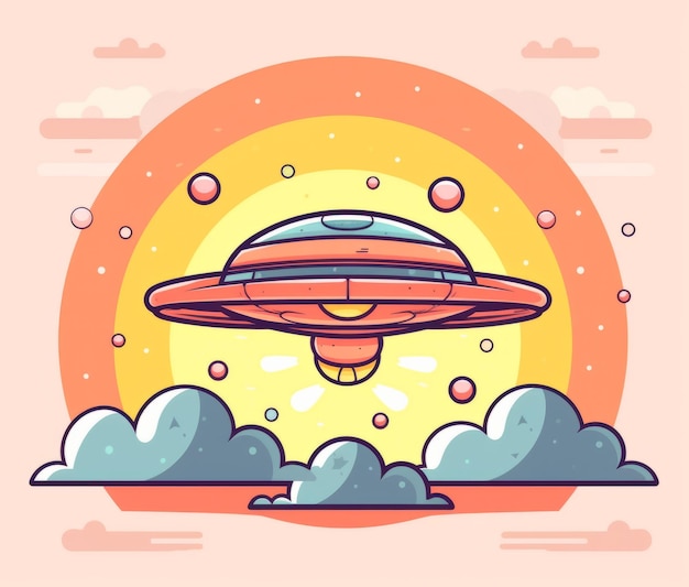 Kreskówka ufo latające nad chmurami. ilustracja wektorowa.