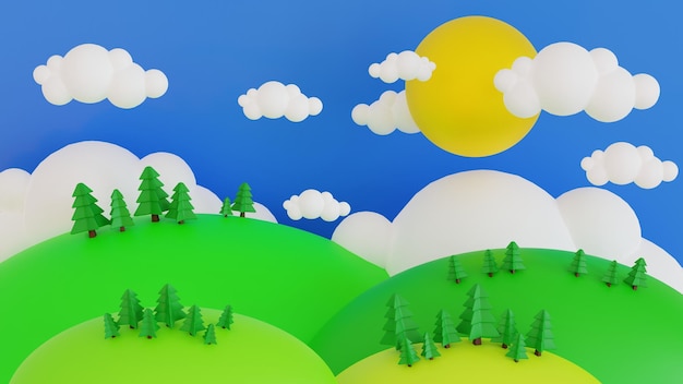 Kreskówka wiosna lato wiejski krajobraz łąka i góra z błękitnym niebem chmura transparent renderowania 3D