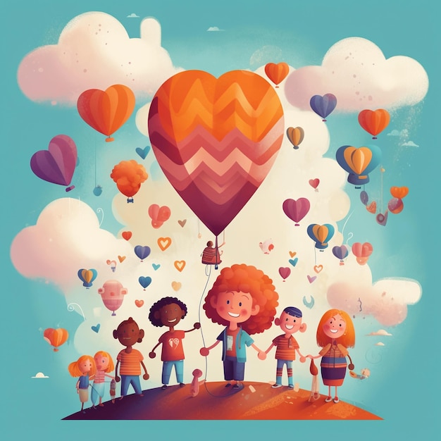 kreskówka z dziećmi i balon gorącego powietrza z wzorem w kształcie serca.