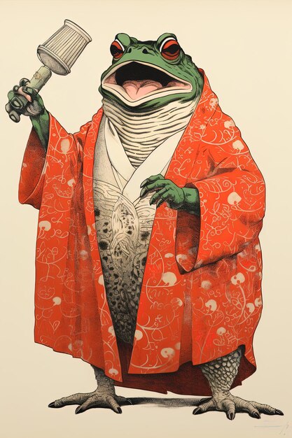 Zdjęcie kreskówka żaby w czerwonej kurtce z papierosem w ustach