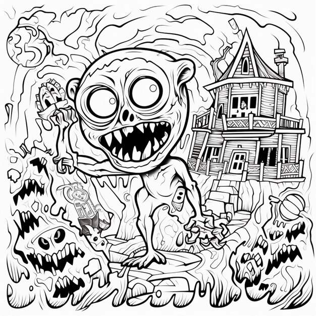kreskówka zombie z domem na tle generatywny ai