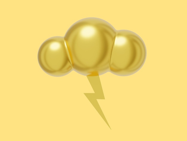 Kreskówkowa chmura z błyskawicą złotym metalowym renderowaniem 3D Ikona na żółtym tle