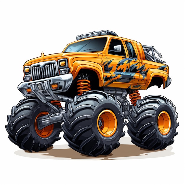 kreskówkowa ciężarówka z potworami z pomarańczowymi płomieniami i pomarańczowymi kołami generatywną sztuczną inteligencją