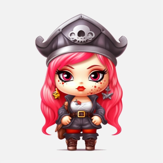 kreskówkowa dziewczyna z różowymi włosami nosząca kapelusz piratów i trzymająca miecz generatywny ai