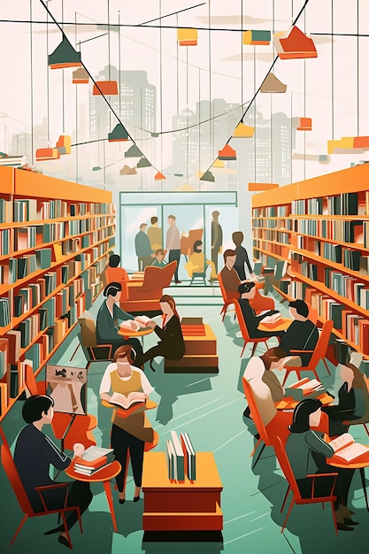 kreskówkowa ilustracja ludzi czytających w bibliotece.