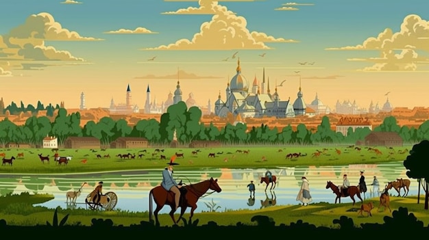 Kreskówkowa ilustracja przedstawiająca miasto z rzeką i ludźmi jeżdżącymi na koniach