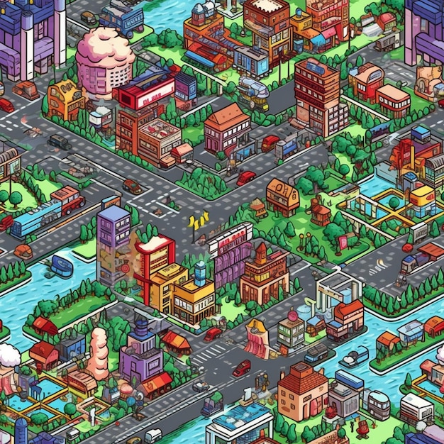 Kreskówkowa mapa miasta z generatywną ai rzeką i budynkami