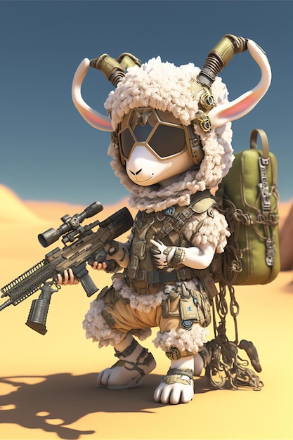 Kreskówkowa owca z pistoletem i generatywnym plecakiem ai