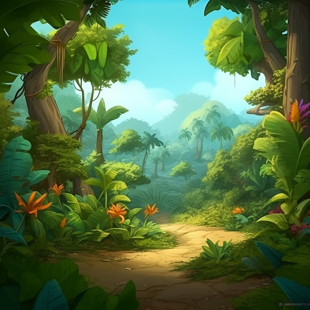 Zdjęcie kreskówkowa scena dżungli z ścieżką przez dżunglę generatywny ai