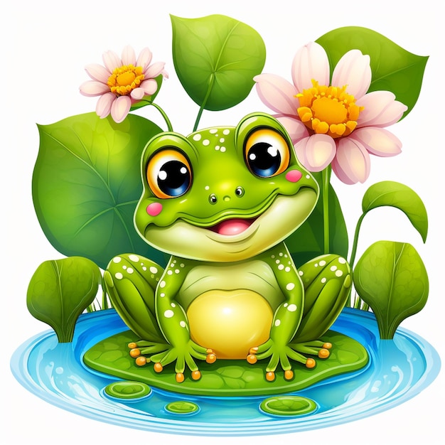 Kreskówkowa żaba siedzi na liściu w stawie z kwiatami generatywnymi ai