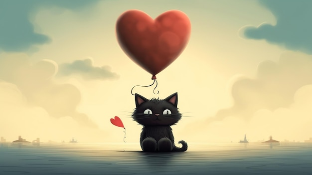 Kreskówkowy czarny kot pływający przywiązany do plakatu międzynarodowego dnia kota z balonem w kształcie serca