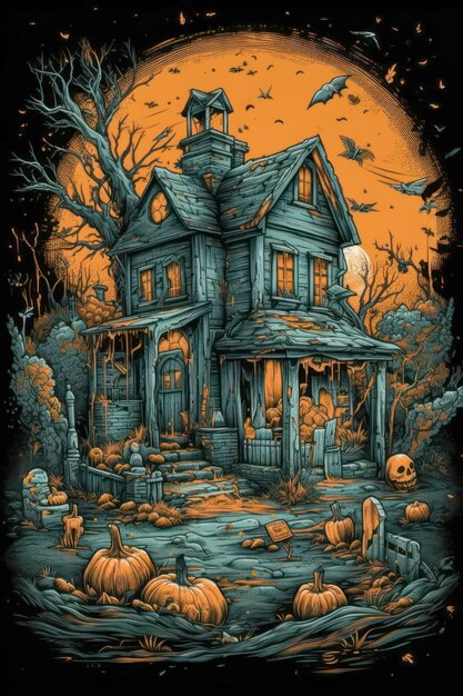 Kreskówkowy dom grozy z dyniami na Halloween