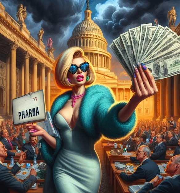 kreskówkowy humor zabawna ilustracja przedstawia kobietę, która sprawia, że lobby w kongresie dostarcza pieniądze polityce
