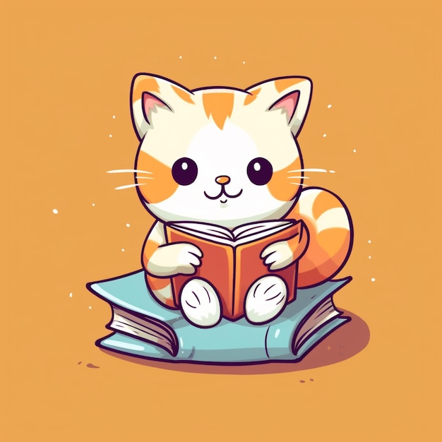 Kreskówkowy kot czytający książkę na poduszce generatywnej ai