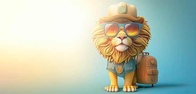 Kreskówkowy lew z okularami przeciwsłonecznymi na głowie i plecakiem na kolorowym tle Generative AI
