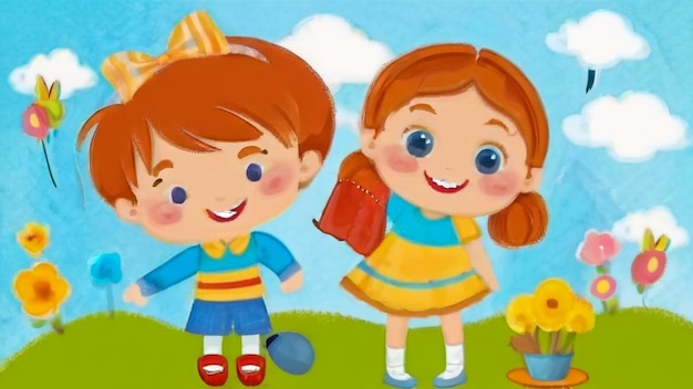 kreskówkowy obraz chłopca i dziewczyny z walizką i dziewczyną z torbą bagażu