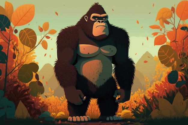 Kreskówkowy obraz goryla stojącego w lesie z liśćmi na ziemi.