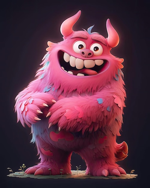 Kreskówkowy potwór z różowymi włosami i niebieskimi oczami stoi na czarnym tle.