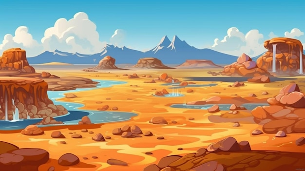 Kreskówkowy pustynny krajobraz z generatywną ai rzeki i gór