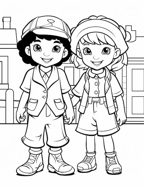 Kreskówkowy rysunek dwójki dzieci stojących obok siebie w generatywnej ai