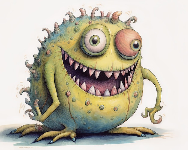 Kreskówkowy rysunek przedstawiający zielonego potwora z dużym okiem i szerokim uśmiechem