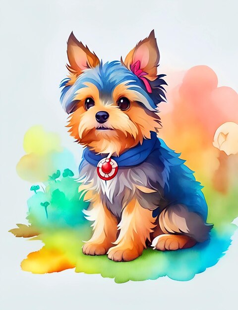 Kreskówkowy rysunek psa z niebieską obrożą i czerwoną kokardą.